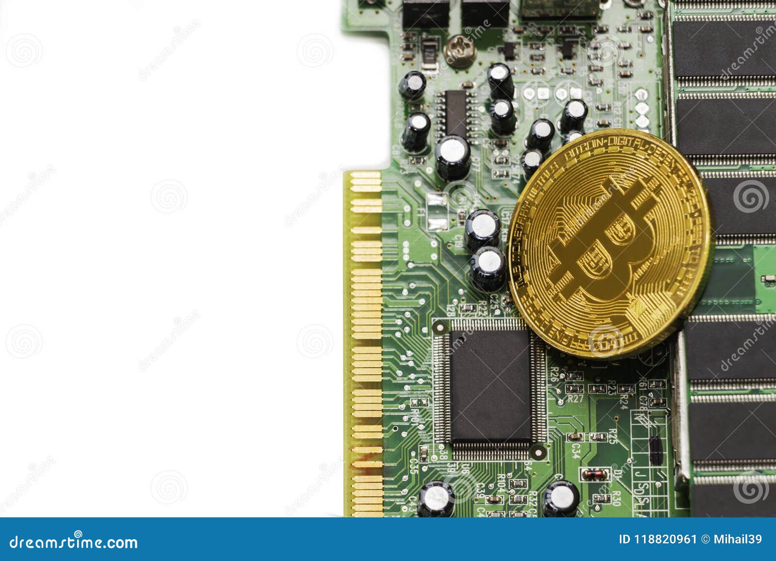Bitcoin Mining Process Gold Coin On Computer Circuit Board With - 